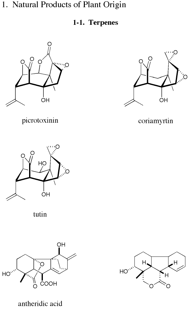 picrotoxinin, coriamyrtin, tutin, antheridic acid