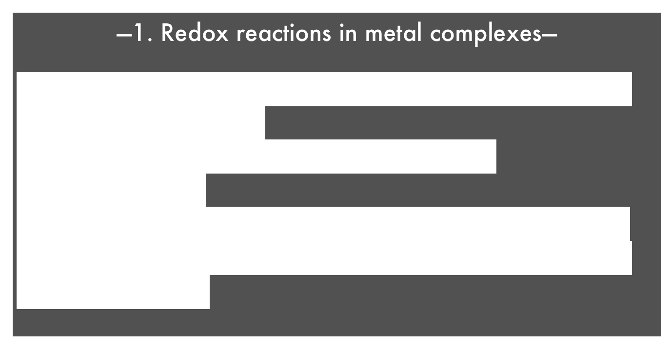 —1. Redox reactions in metal complexes—
(a) Formation of high-valent metal-oxo and oxyl complexes and their reactivity in substrate oxidation
(b) Reaction mechanism of hydrogen-atom transfer reactions
(c) Molecular bistability
(d) Artificial photosynthesis, which converts light energy into chemical energy
(e) Metal-complex catalysts with well-designed second coordination spheres for selective conversion